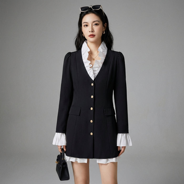 Robe chemise noire à manches longues et col V - Koreanxwear - Taille S