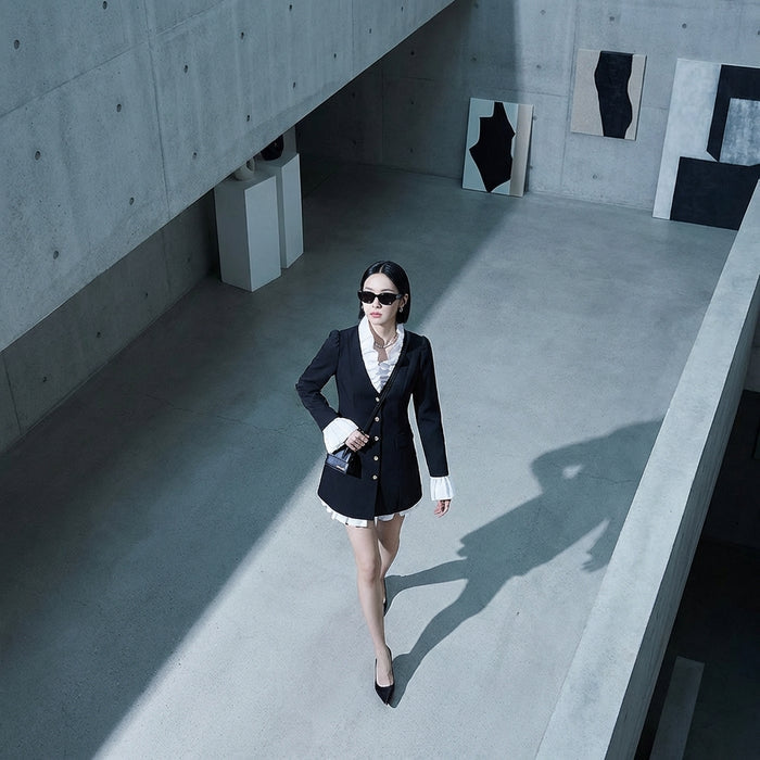 Robe chemise noire à manches longues et col V - Koreanxwear