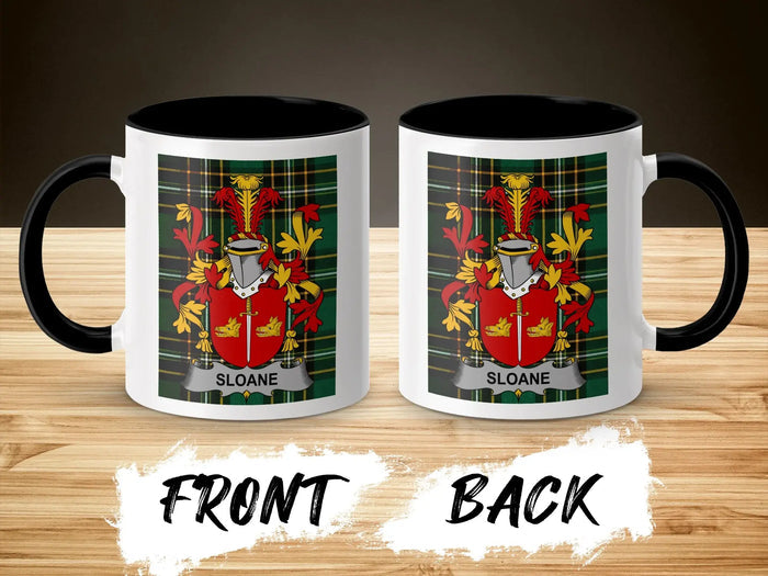Mug with SLOANE coat of arms on front and back, black handle and interior.