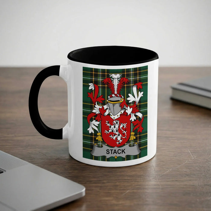Stack Irish heritage mug with black interior and family crest