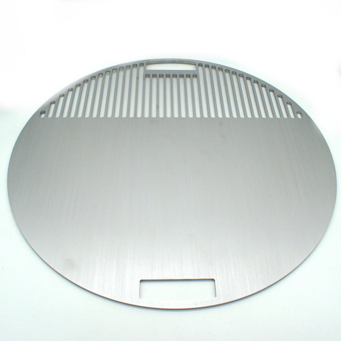 Angled view of the round grill plate, special cooking stainless plate