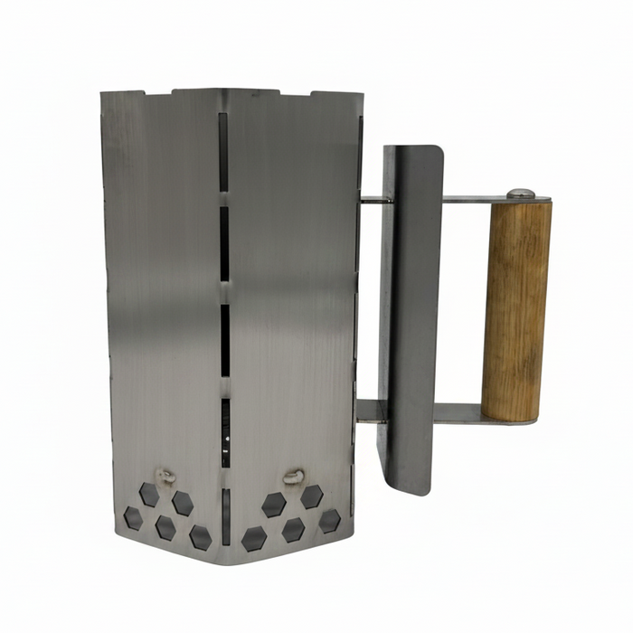 "Stainless mini charcoal chimney starter – white background, showing Tasmanian Oak handle and 304 stainless body"