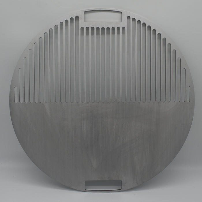 Stainless Griddle Grill plate to suit Weber Kettle, top view in a half grill half smash plate