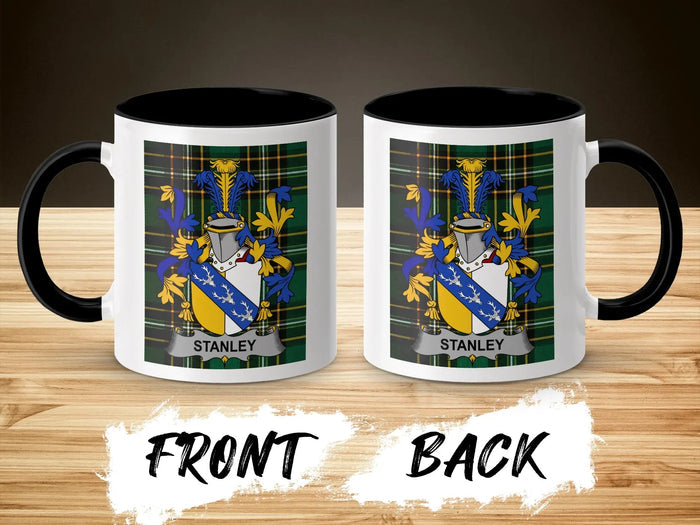 Stanley ceramic accent mug with black handle and surname crest on tartan