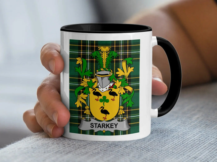 Starkey Irish family crest black accent mug on Irish National Tartan