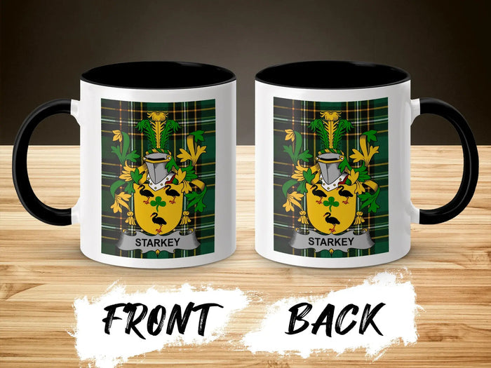 Starkey ceramic accent mug with black handle and surname crest on tartan