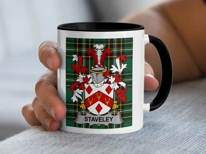 Staveley Irish family crest black accent mug with Irish National Tartan