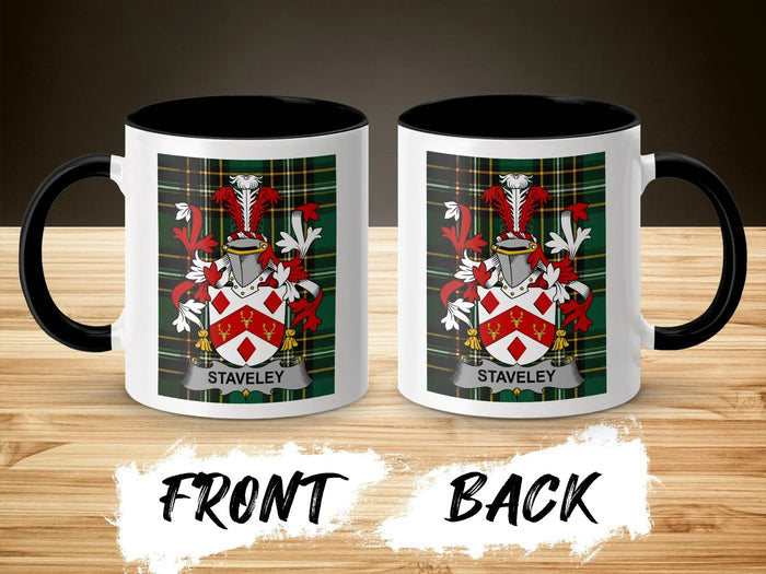Staveley ceramic mug with black handle and family crest on tartan background
