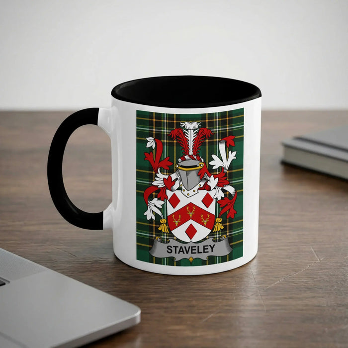 Staveley Irish heritage mug with black interior and surname crest
