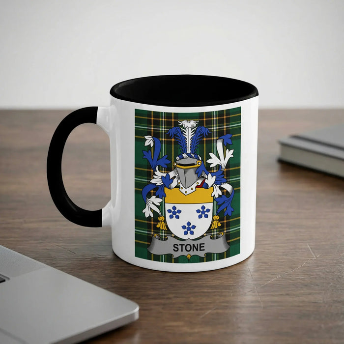 Stone Irish heritage mug with black interior and surname crest
