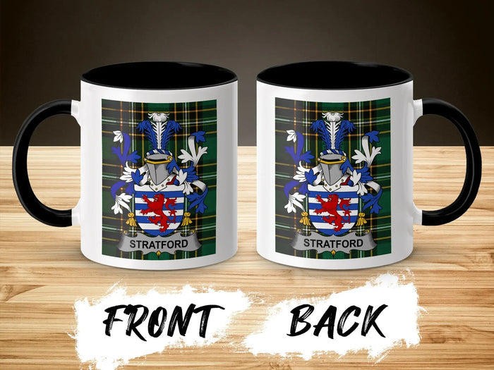 Stratford ceramic accent mug with black handle and surname crest on tartan