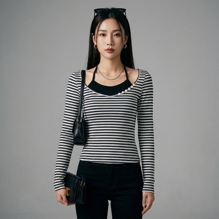 T-shirt tricoté rayé noir femme, style K-fashion ajusté, manches longues. - Taille S