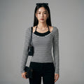 T-shirt tricoté rayé noir femme, style K-fashion ajusté, manches longues. - Taille S