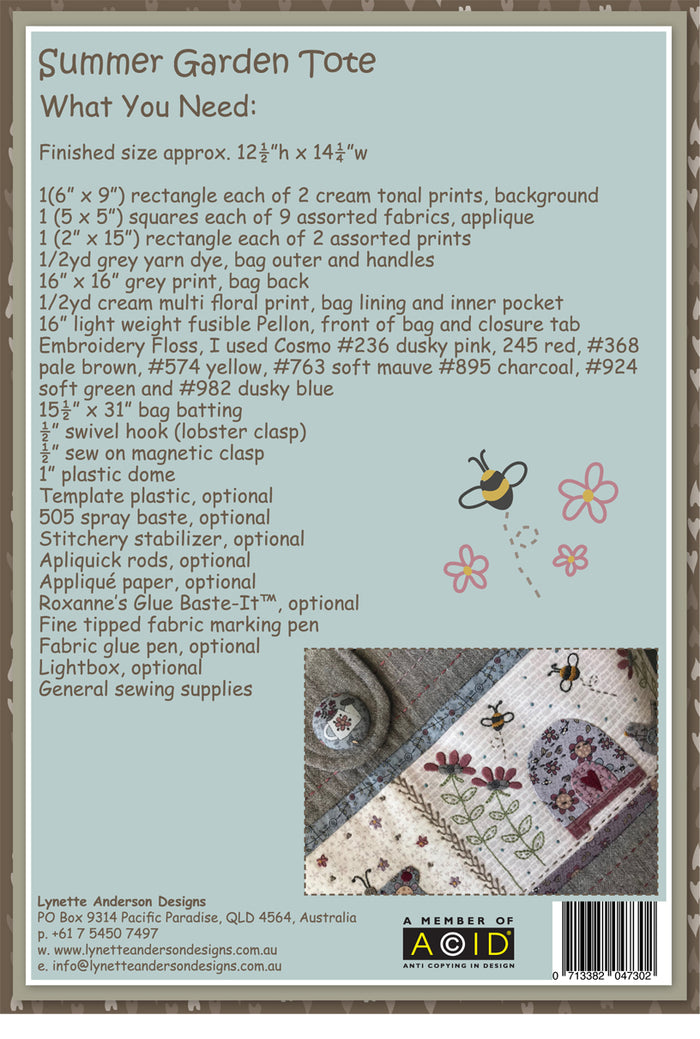 Summer Garden Tote by Lynette Anderson Pattern Back