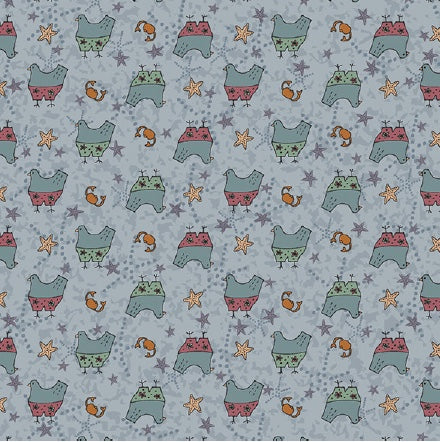 Summer Holiday - 3202-02 - Blue cotton with blue birds in red or green shorts and small crabs and starfish