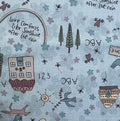 Sunshine After the Rain - 80530-1 - blue cotton with manor houses, rainbows, bee skeps, blue birds, foxes and evergreens