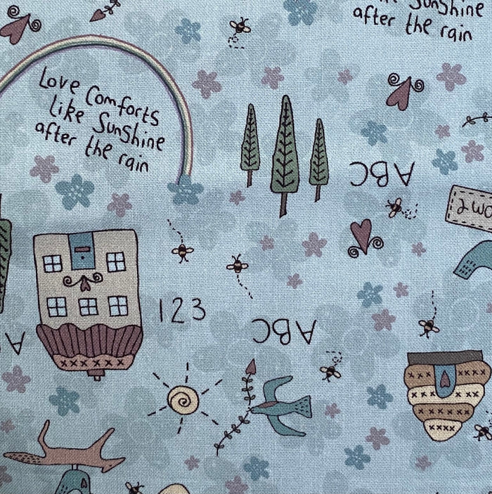 Sunshine After the Rain - 80530-1 - blue cotton with manor houses, rainbows, bee skeps, blue birds, foxes and evergreens