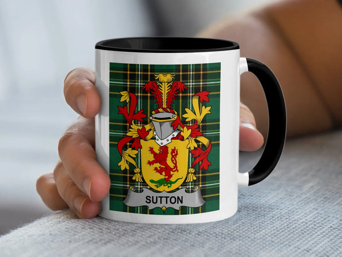 Sutton Irish family crest black accent mug on Irish National Tartan