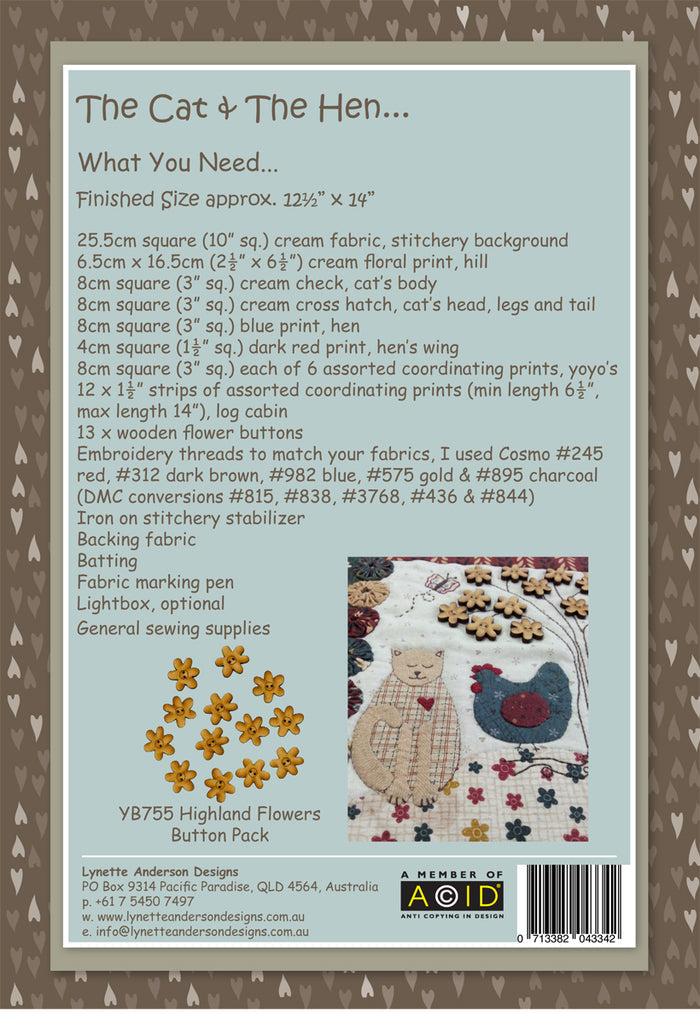 The Cat and the Hen Mini Quilt by Lynette Anderson Pattern Back
