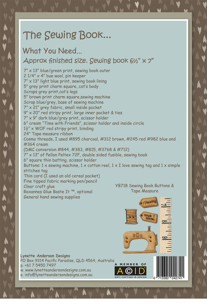 The Sewing Book Needlecase and Scissor Keeper by Lynette Anderson Pattern Back
