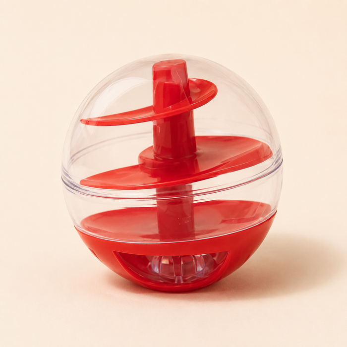 Red Treat-Dispensing Puzzle Ball on a warm ivory studio background