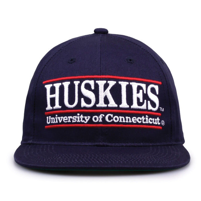 UConn Retro Bar snapback hat in navy, front view