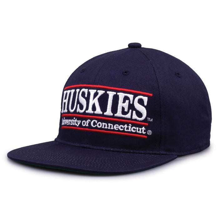 UConn Retro Bar snapback hat in navy, angled view