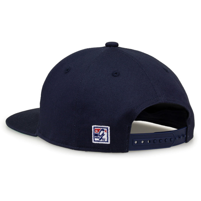UConn Retro Bar snapback hat in navy, rear view showing the adjustable snap closure