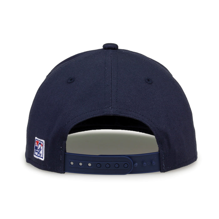 UConn Retro Bar snapback hat in navy, straight rear view showing the adjustable snap closure