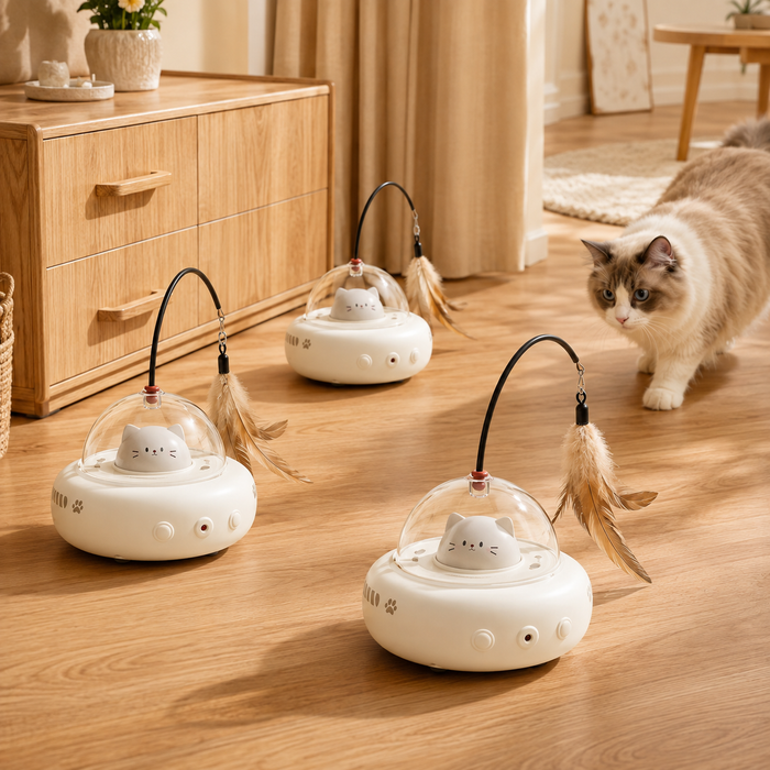 UFO automatic cat toy for indoor laser chasing and feather play