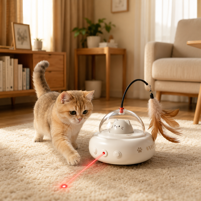 Interactive cat teaser toy with moving feather and laser modes