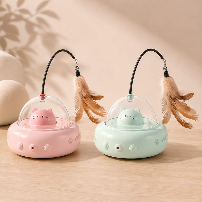 UFO interactive cat toy with feather teaser attachment