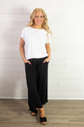 Umgee Elastic Waistband Wide Leg Pant w/Side Pockets-Black