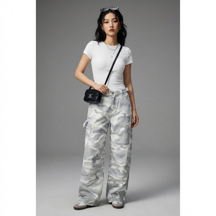 Pantalon cargo denim délavé blanc coupe ample style streetwear - Koreanxwear - Taille S