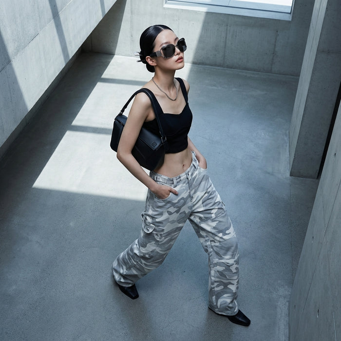 Pantalon cargo denim délavé blanc coupe ample style streetwear - Koreanxwear