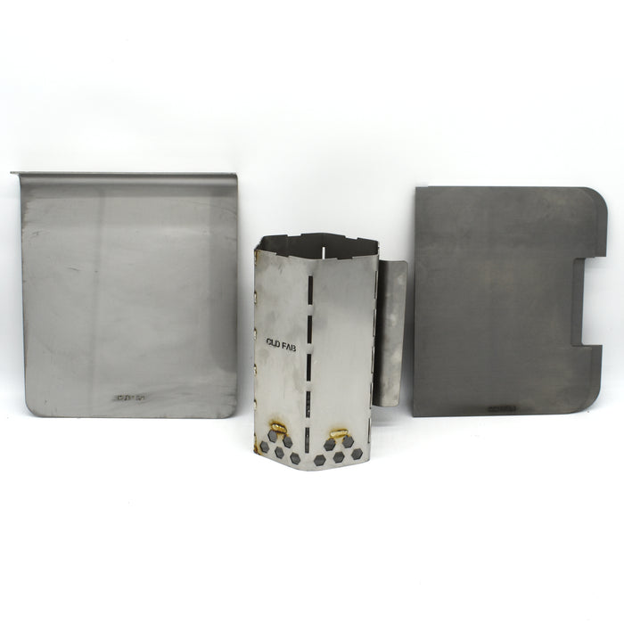 bundle kit showing a chimney start, grill/plate combo and an offset plate
