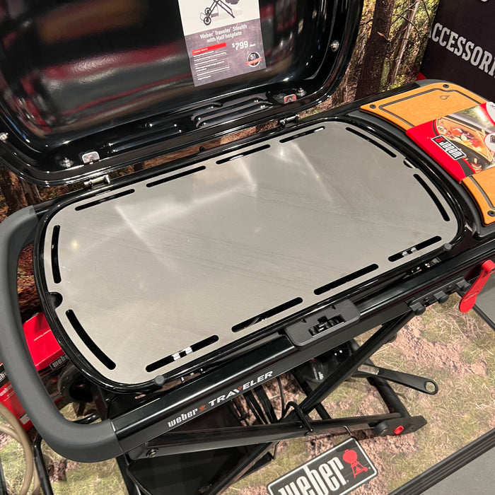 CLD Fabrication 5mm mild steel griddle plate for Weber Traveler BBQ – top view showing vent holes
