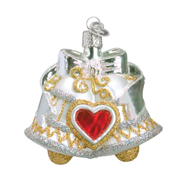 A shiny Christmas ornament shaped like two silver bells with gold glitter accents, a red heart in the center, and a silver ribbon and loop on top for hanging.