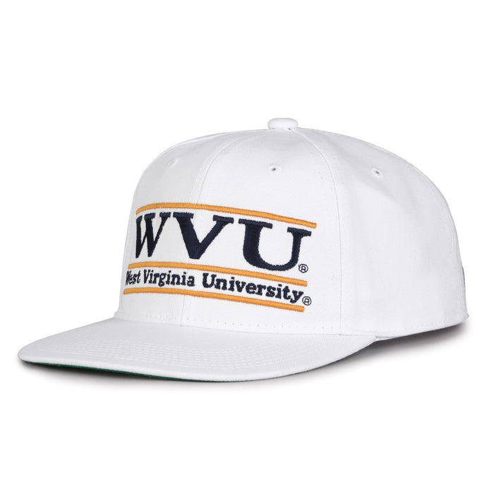 West Virginia Retro Bar snapback hat in white, angled view