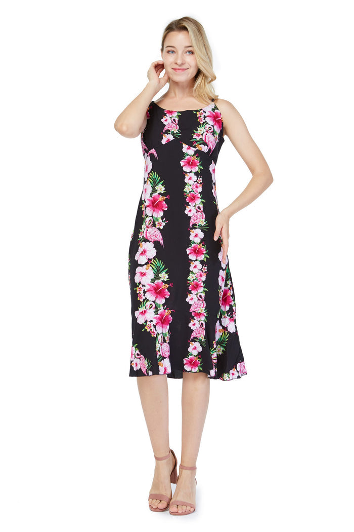 Women's Mermaid Ruffle Dress  Pink Black Hibiscus Vine