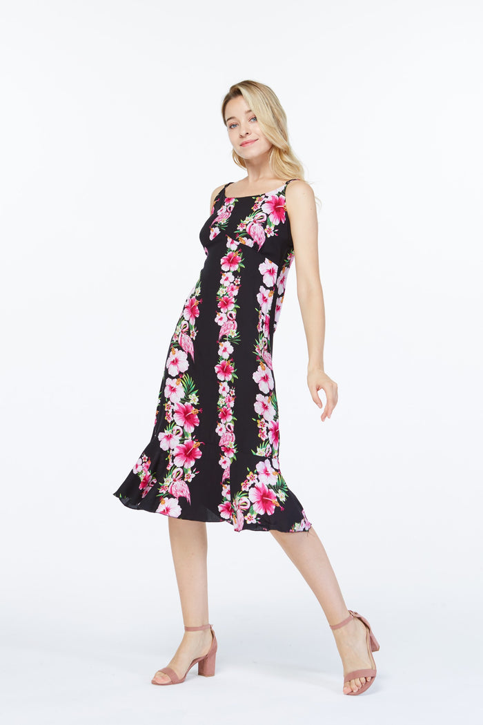 Women's Mermaid Ruffle Dress  Pink Black Hibiscus Vine